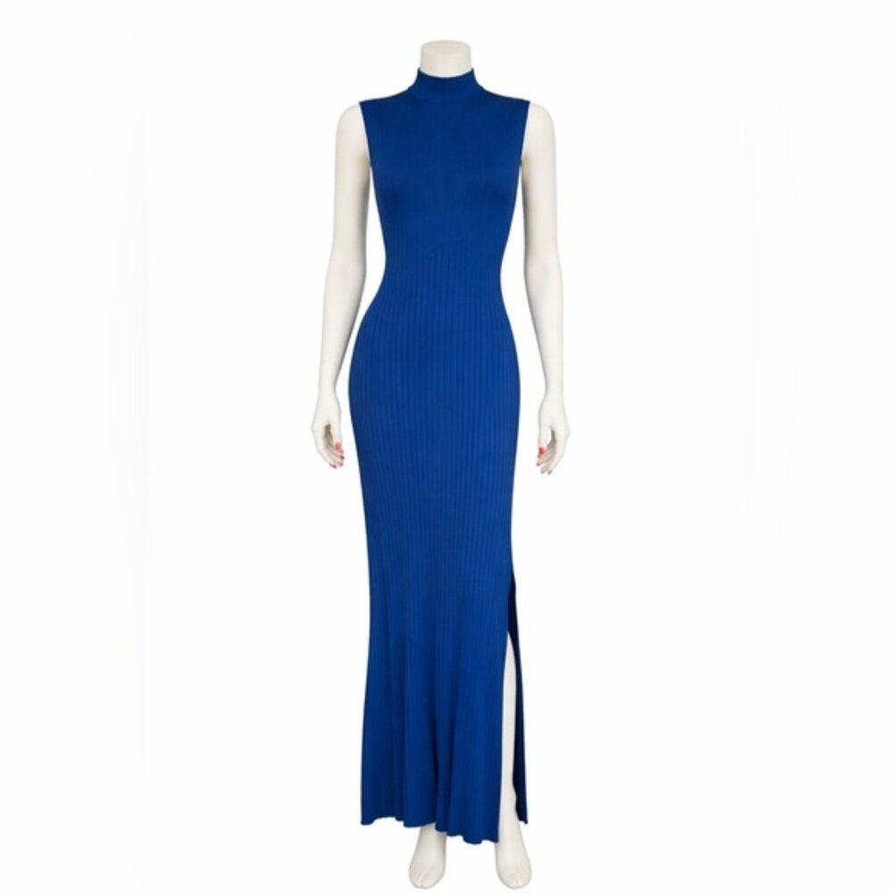 Le Lis Collection Cobalt Blue Ribbed Mock Neck Maxi Dress Slit